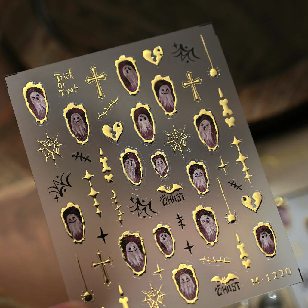 3D Gold Ghost Halloween Nail Stickers | Cute Spooky Vintage Decals M1220