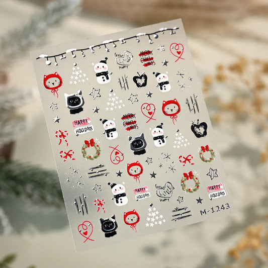 3D Christmas Tree Nail Art Stickers - Cute Snowman Cat Star Decals M1243