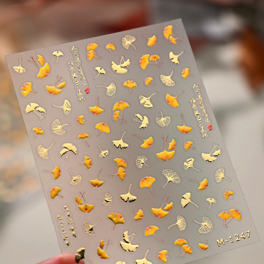 Gold Ginkgo Leaf Nail Stickers - Autumn Fall Leaf Nail Art Decals M1247