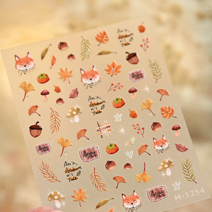 Cute Autumn Fox Nail Stickers | Fall Maple Leaf & Pumpkin Nail Decals M1254