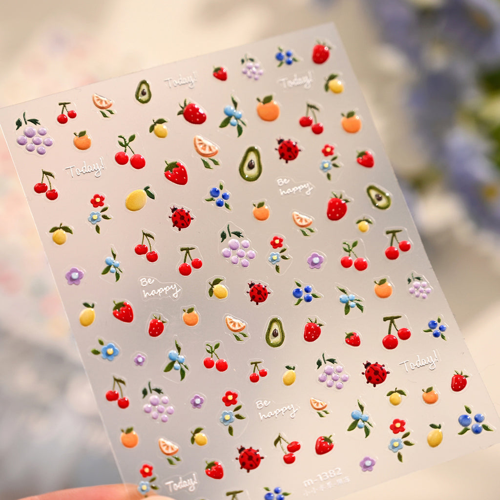 Cute 3D Fruit Nail Art Stickers - Blueberry, Ladybug & Floral Decals 1382