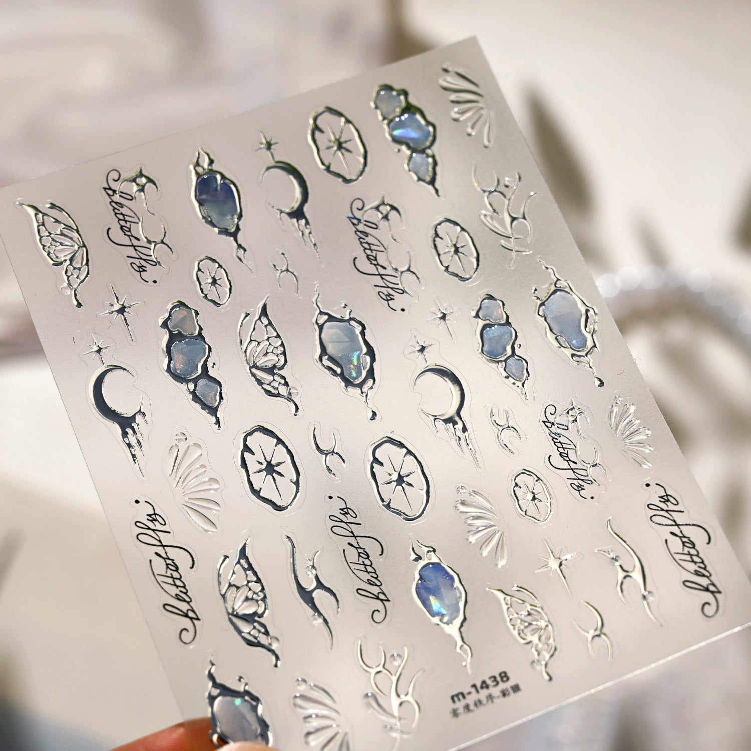 3D Silver Celestial Nail Stickers - Moon, Star & Iridescent Opal Decals