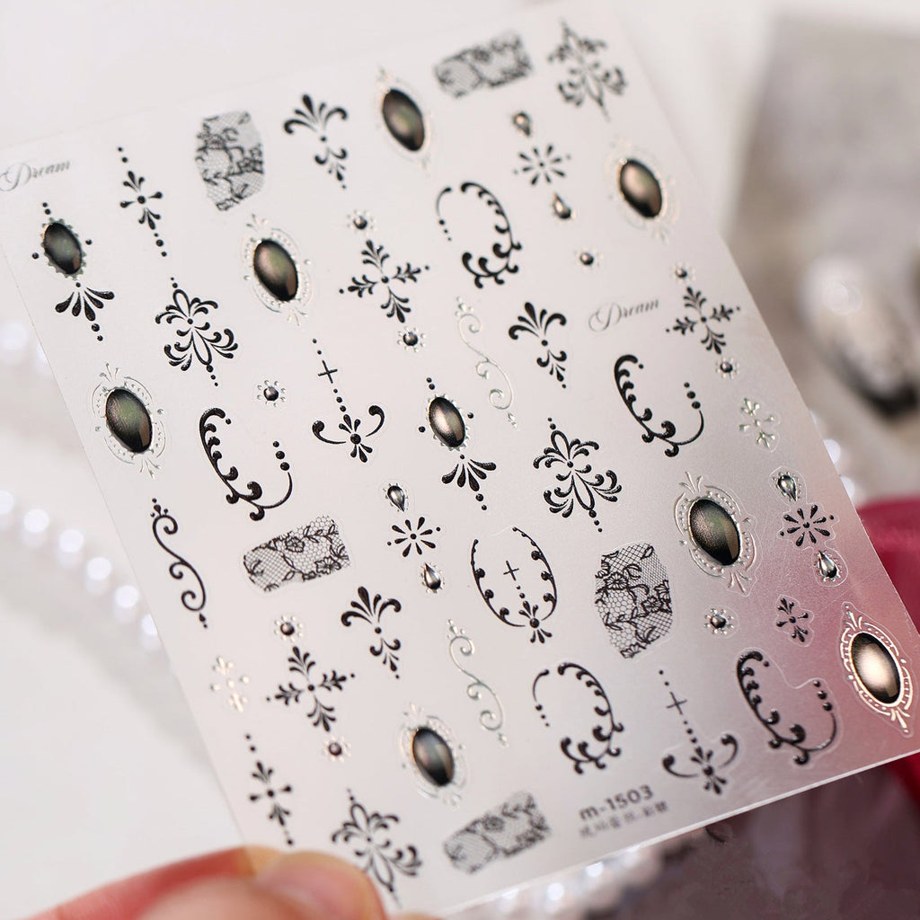 Black Lace & Gothic Cross Nail Stickers - Vintage Dark Coquette Decals 1503