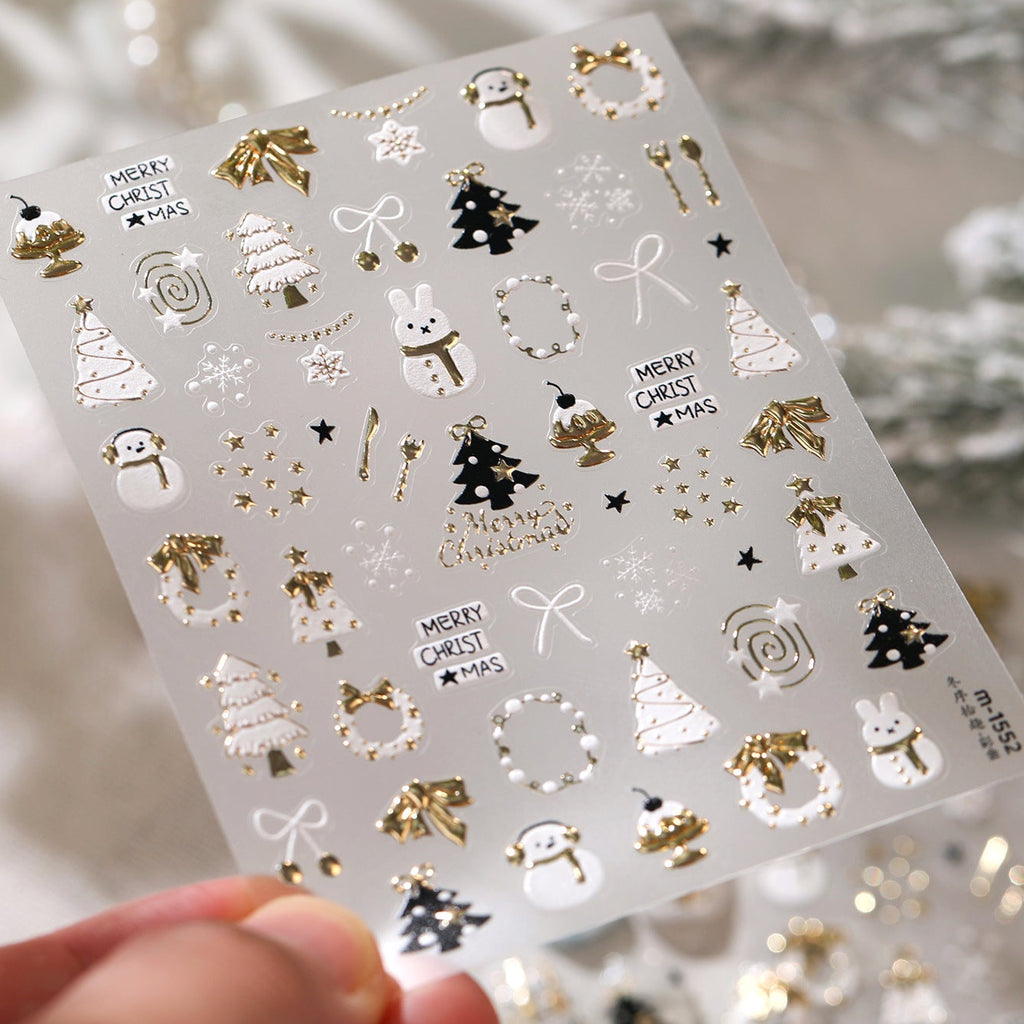 Gold Silver Christmas Nail Stickers - Cute Xmas Tree, Snowman & Wreath Decals 1552