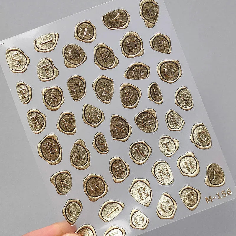 Vintage Stamp Letters Nail Art Stickers Retro Gold Metal Adhesive Sticker Decals M156