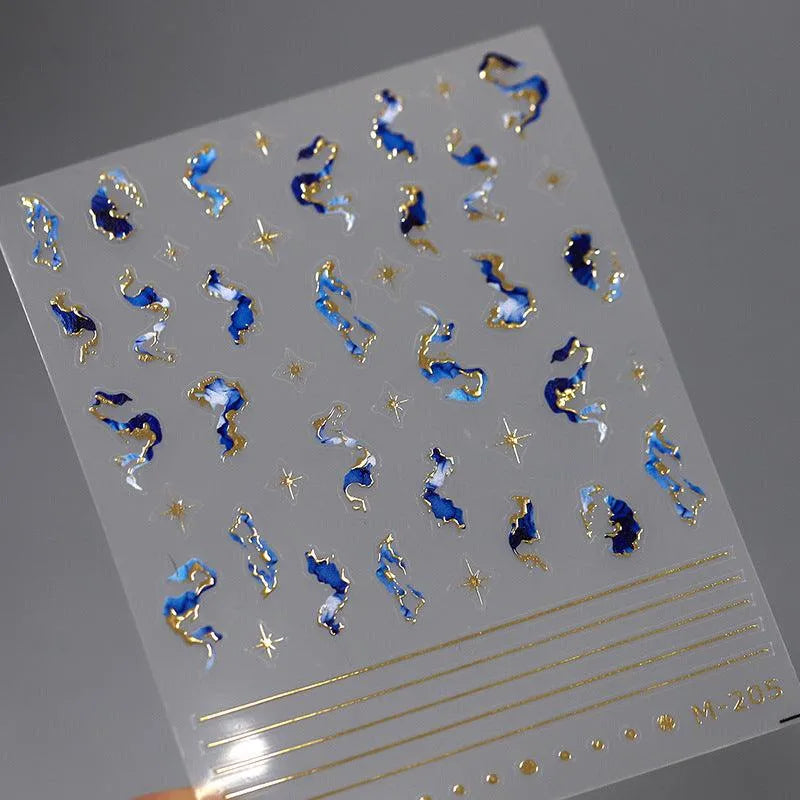Blue Marble Design Nail Art Stickers Gold Lines Adhesive Sticker Decals M205