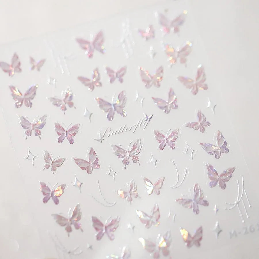 Laser Pink Butterfly Nail Art Stickers Adhesive Slider Embossed Sticker Decals M261