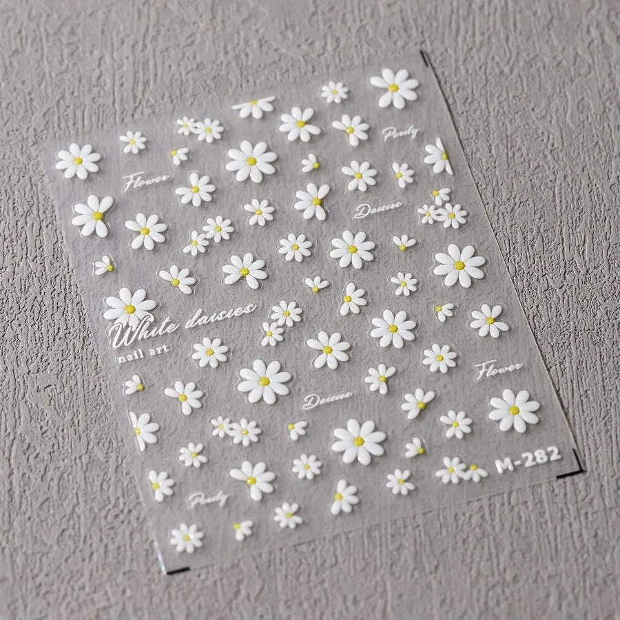 White Daisy Flower Nail Art Stickers 3D Adhesive Slider Daisy Floral Sticker Decals M282