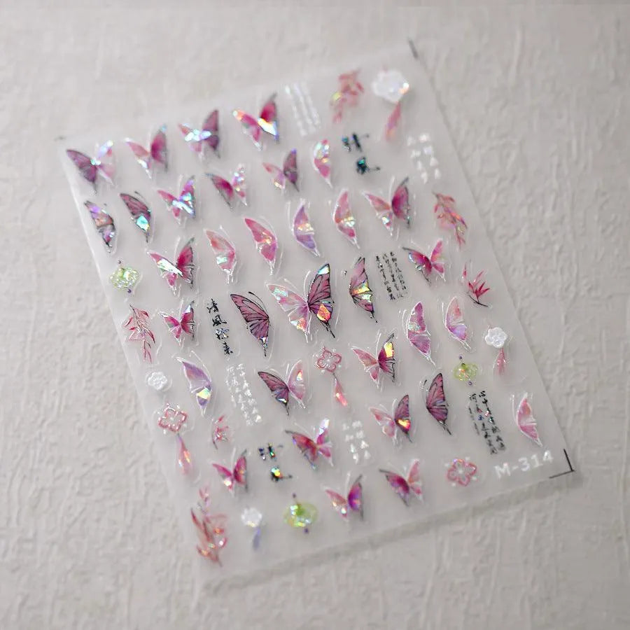 Butterfly Nail Art Stickers Adhesive Slider Metal Colors Butterfly Embossed Sticker Decals M314