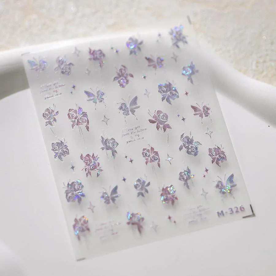 Black Rose Flower Nail Art Stickers Adhesive Slider Rose Butterfly Sticker Decals M326