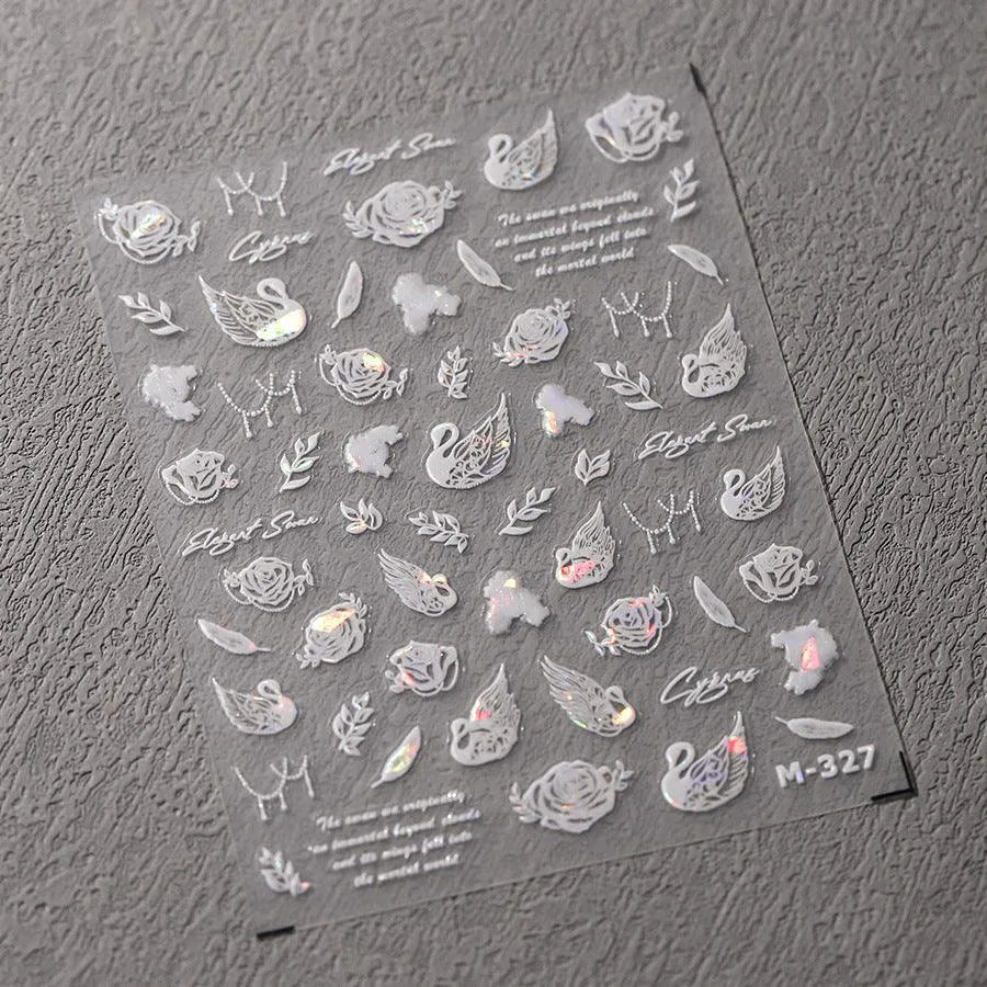 White Swan Nail Art Stickers Adhesive Slider Swan Flower Sticker Decals M327