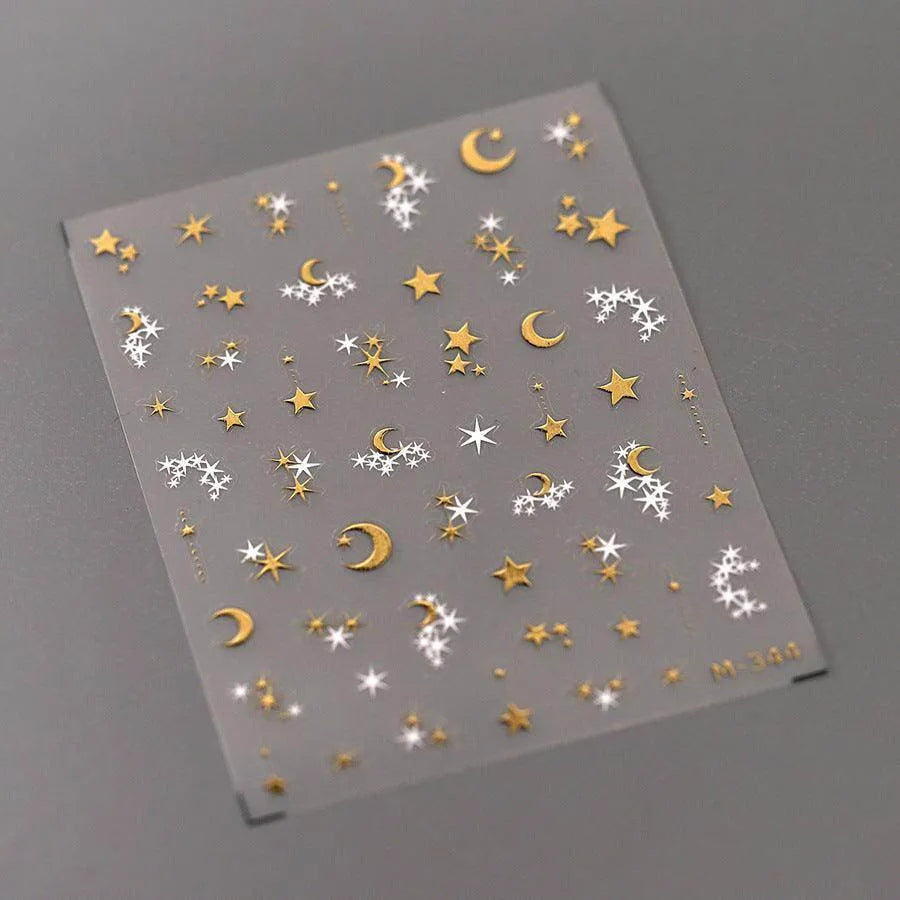 Gold Silver Star Nail Art Stickers Adhesive Embossed Moon Stars Metal Color Sticker Decals M344