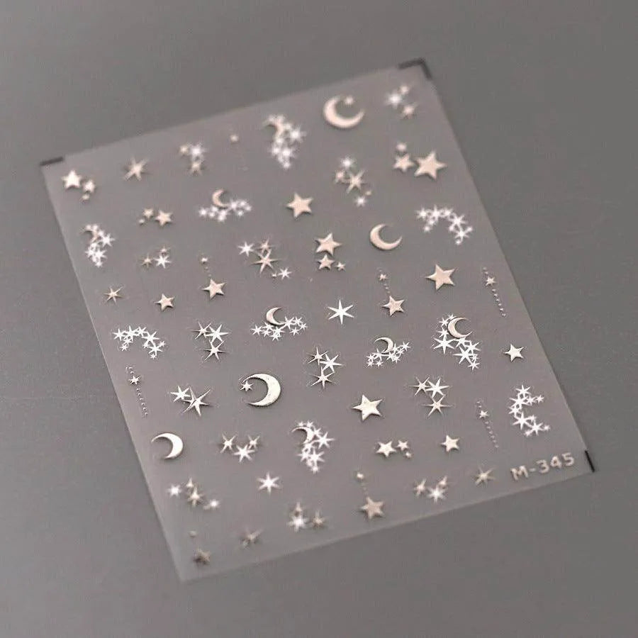 Gold Silver Star Nail Art Stickers Adhesive Embossed Moon Stars Metal Color Sticker Decals M345