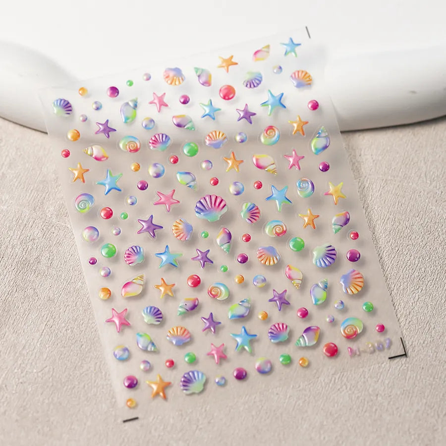 Seahorse Nail Stickers Colorful Shell Adhesive Embossed Summer Nail Art Sticker Decals M367
