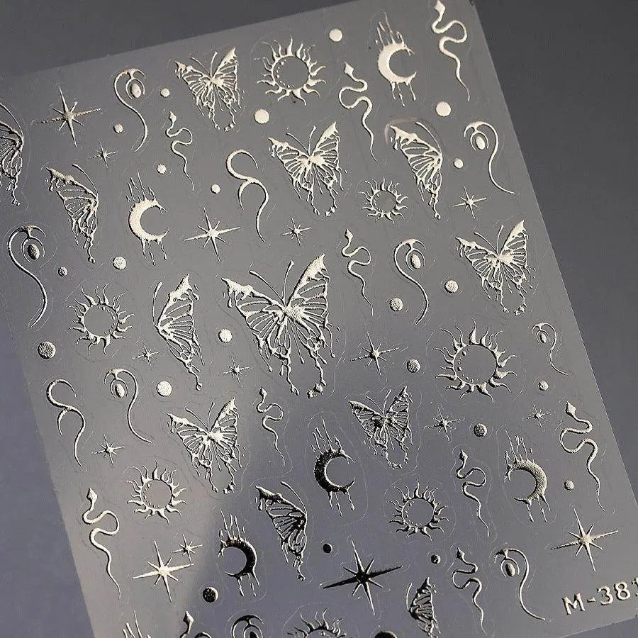 Silver Butterfly Nail Stickers with Moon & Stars Celestial Adhesive Nail Art Decals M381