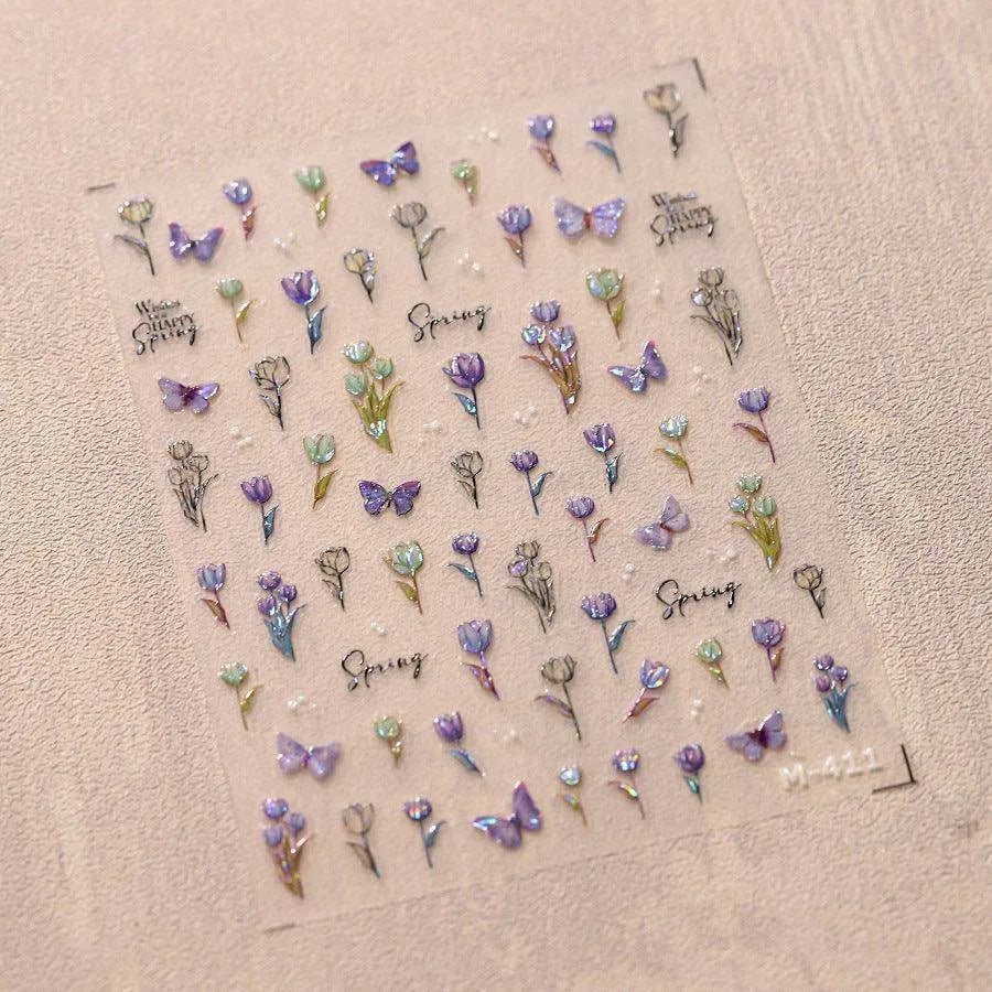 Gold Outline Butterfly Nail Art Stickers Adhesive Tulip Flowers Embossed Sticker Decals M411