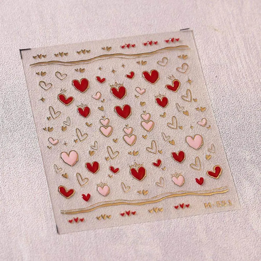 Gold Star Moon Nail Art Stickers Embossed Adhesive Galaxy with Red Hearts Sticker Decals M551 Pink