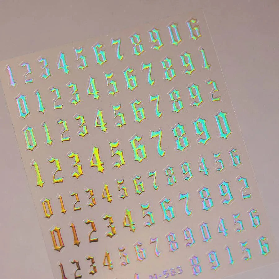 Gold Silver Numbers Nail Art Stickers Adhesive Embossed Gothic Numbers Sticker Decals M584 Laser