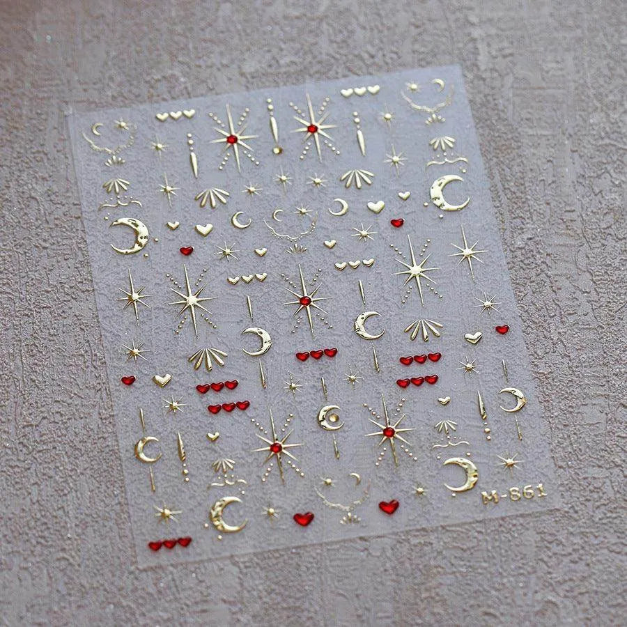 Gold Star Moon Nail Art Stickers Embossed Adhesive Galaxy with Red Hearts Sticker Decals M861
