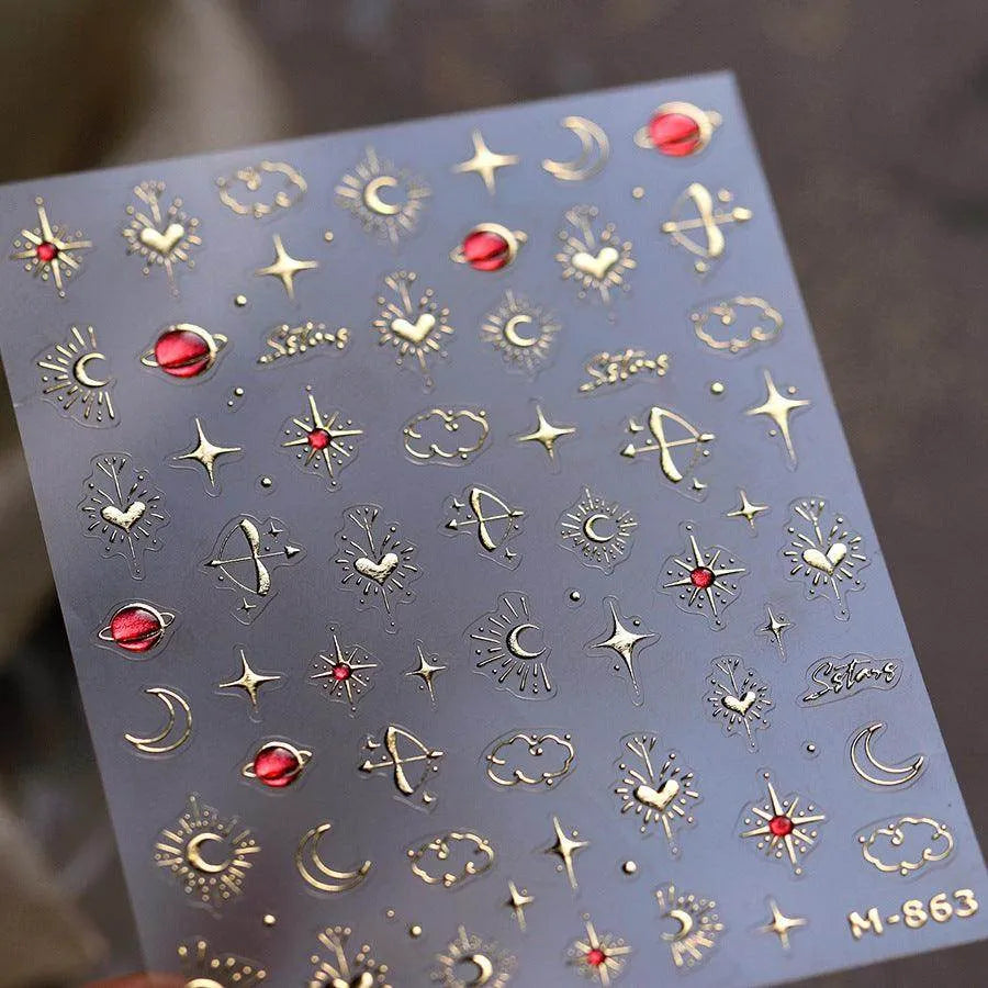 Gold Star Moon Nail Art Stickers Embossed Adhesive Galaxy with Red Hearts Sticker Decals M863