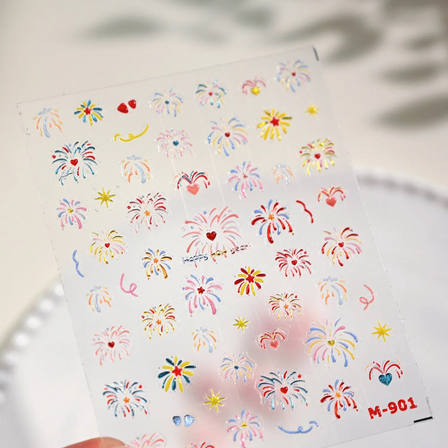 Vibrant Fireworks & Heart Nail Stickers - Festive & Holiday Decals for Celebration