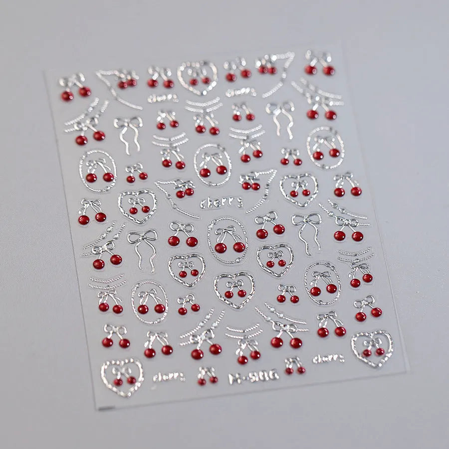 Strawberry Cherry Nail Art Stickers Metal Silver Colors Adhesive Embossed Sticker Decals M906