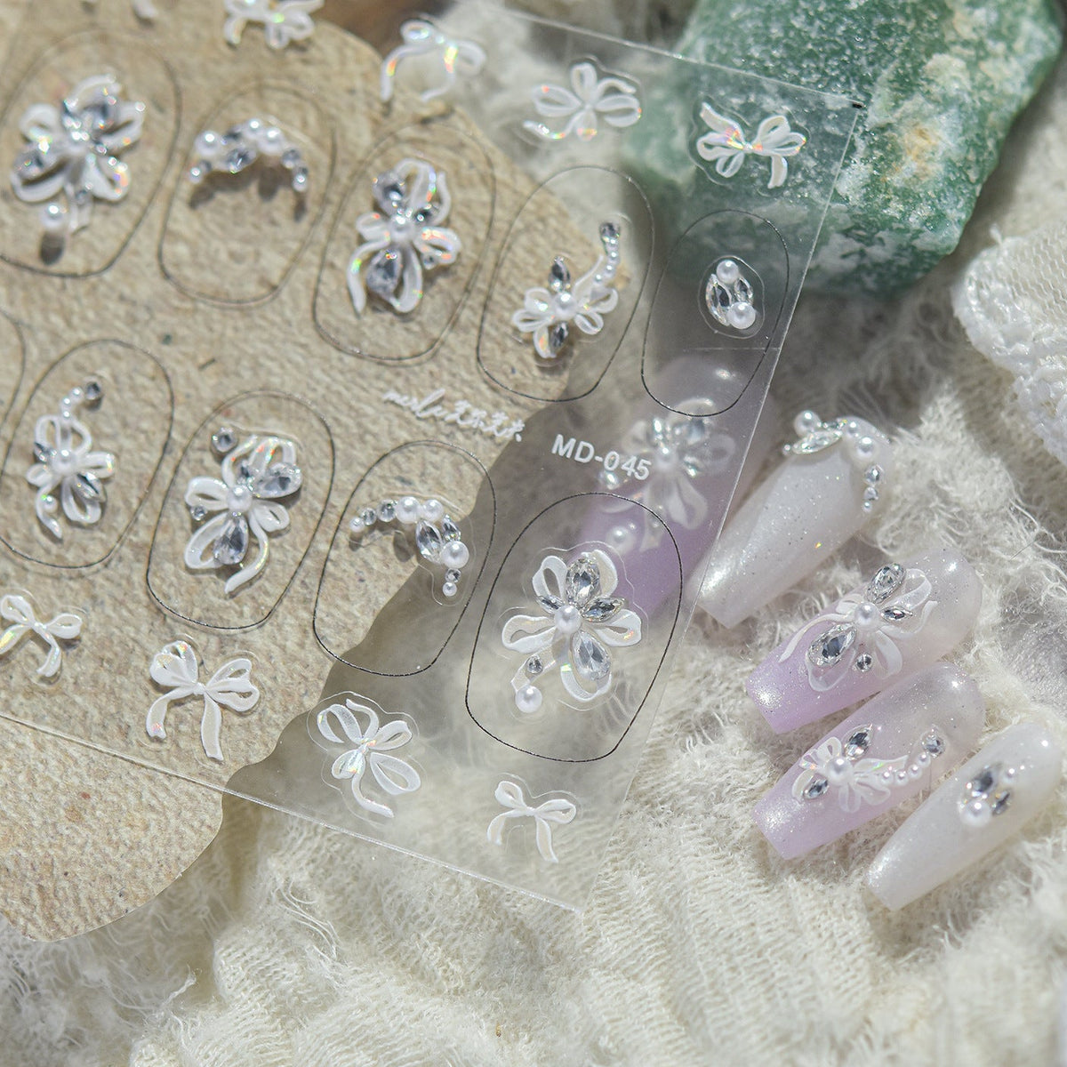 Bow Pearl Rhinestone Nail Stickers – Pre-Arranged Self-Adhesive Nail Gems MD045/046/047