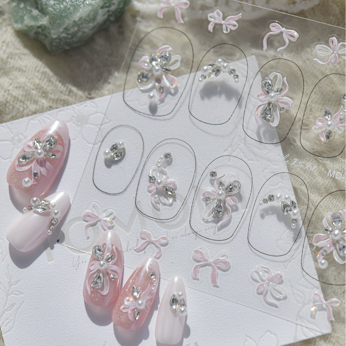 Bow Pearl Rhinestone Nail Stickers – Pre-Arranged Self-Adhesive Nail Gems MD045/046/047