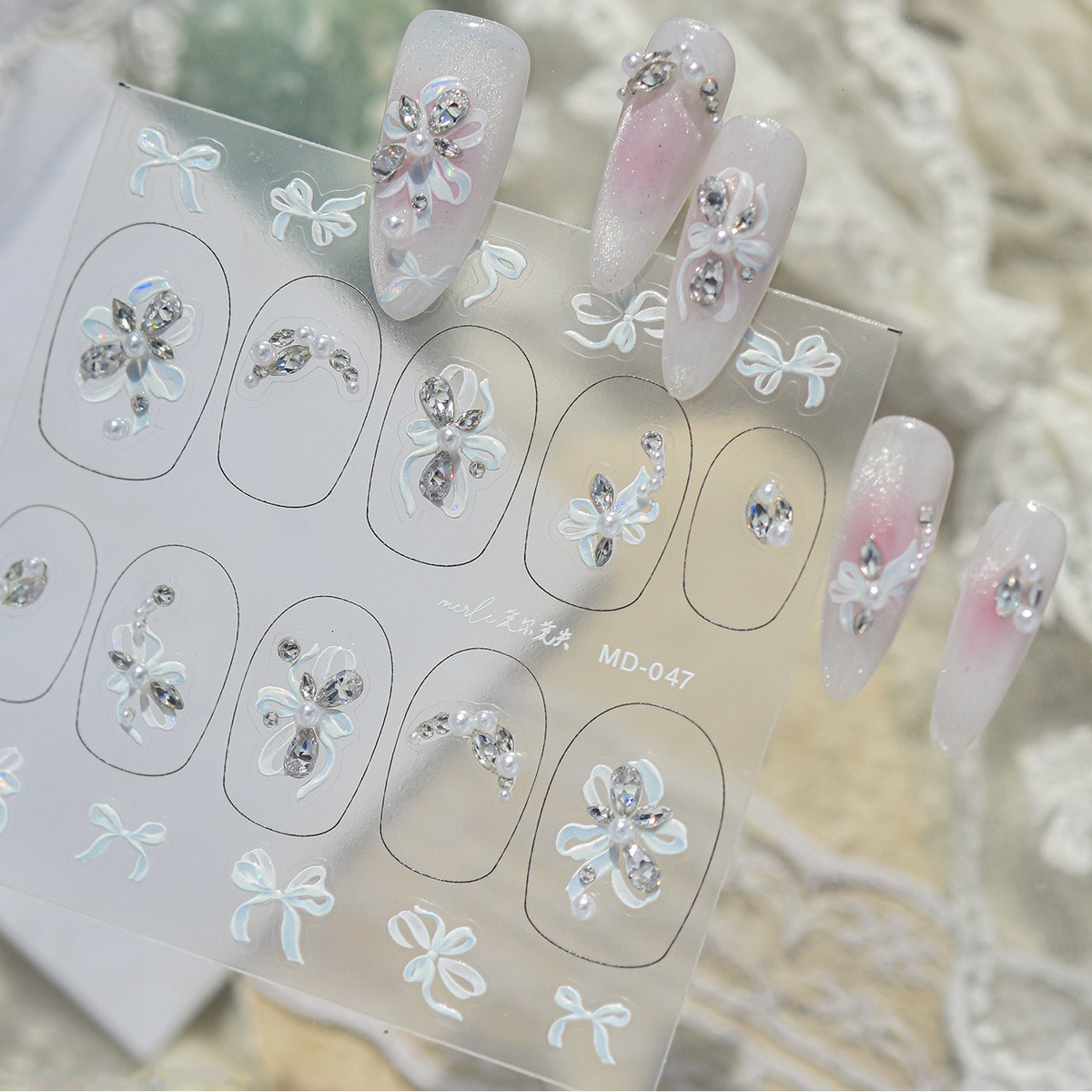 Bow Pearl Rhinestone Nail Stickers – Pre-Arranged Self-Adhesive Nail Gems MD045/046/047