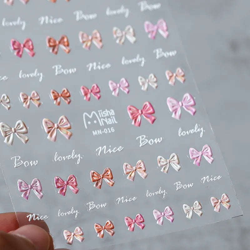 Bow Tie Nail Art Stickers Adhesive Embossed Pink Bow Sticker Decals MN016F embossed