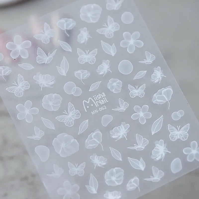 White Flower Nail Art Stickers Adhesive Sliders Leaf Floral Embossed Sticker Decals MN062