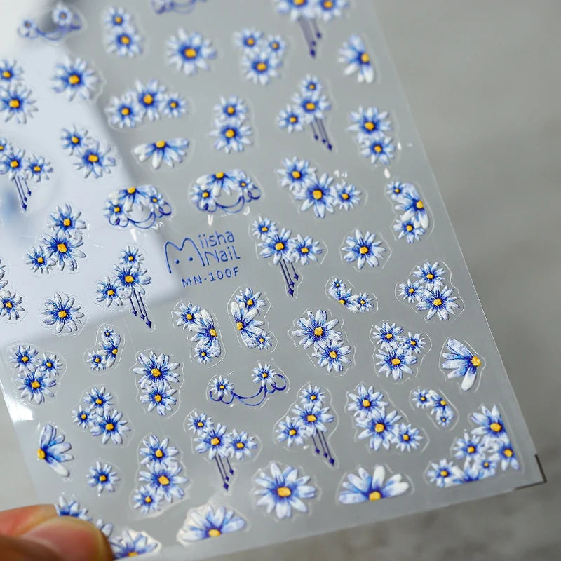 Blue Daisy Flower Nail Art Stickers Floral Adhesive Sticker Decals MN100F embossed