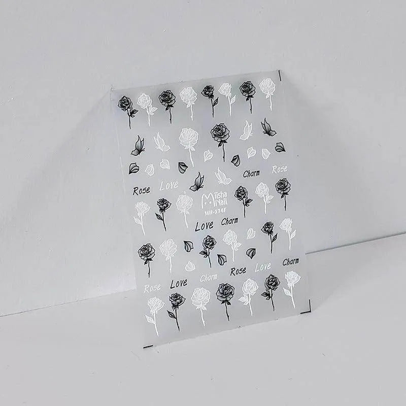 Black Rose Flower Nail Art Stickers Adhesive Slider Embossed White Rose Flower Sticker Decals MN174F embossed