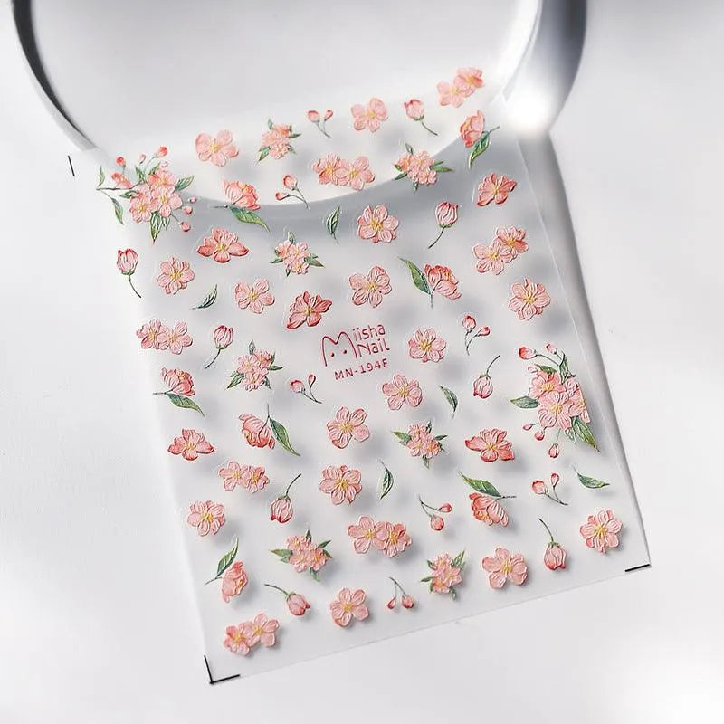 Floral Nail Art Stickers Adhesive Slider Pink Flower Sticker Decals MN194F embossed