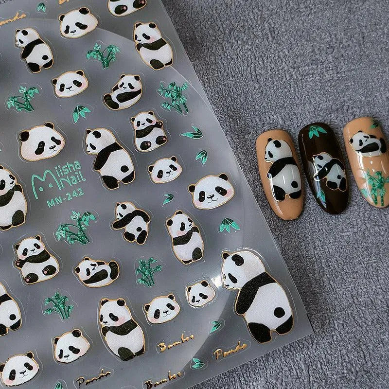 Cute Panda Nail Art Stickers 3D Adhesive Slider Panda Bamboo Sticker Decals MN242