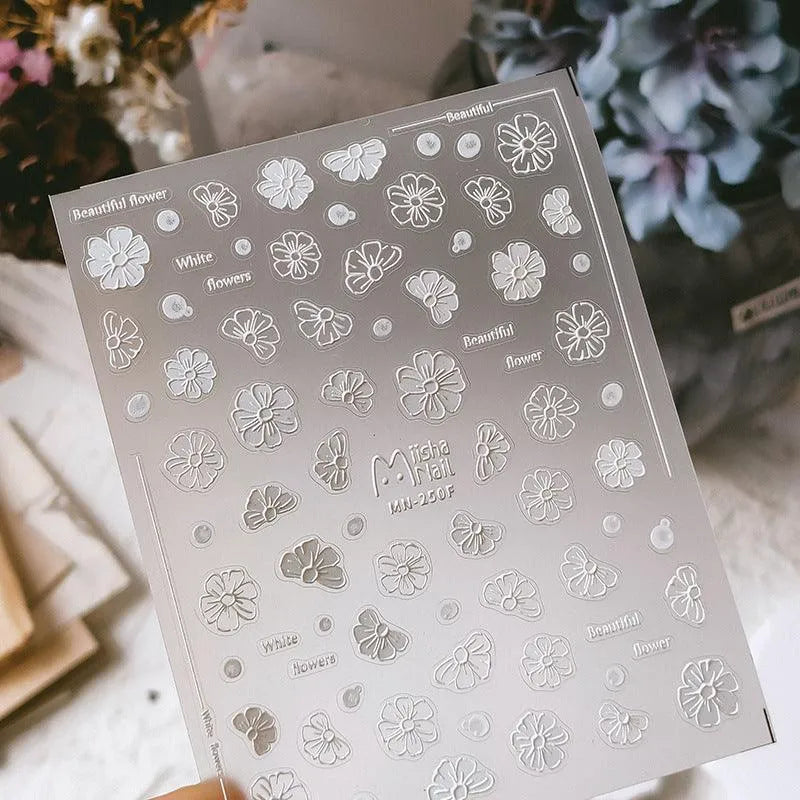 3D Flower Nail Art Stickers Adhesive White Floral Sticker Decals MN250 embossed