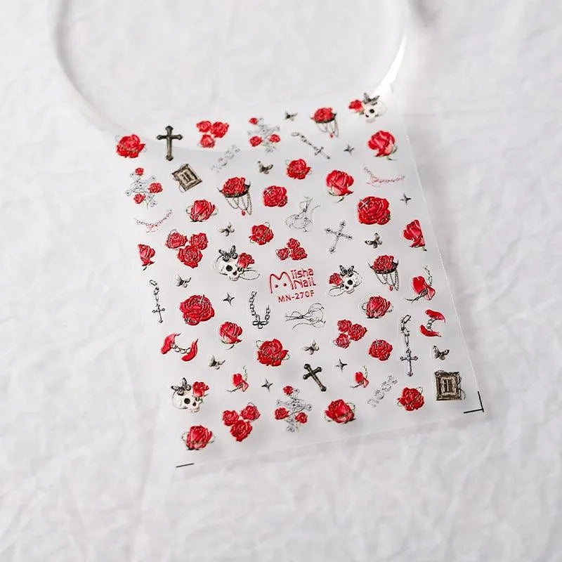 Red Rose Nail Art Stickers Adhesive Slider Skull Embossed Sticker Decals MN270F
