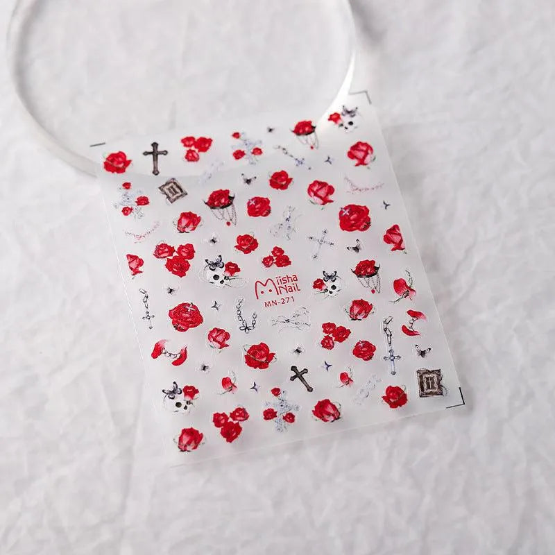 Red Rose Nail Art Stickers Adhesive Slider Skull Embossed Sticker Decals MN271