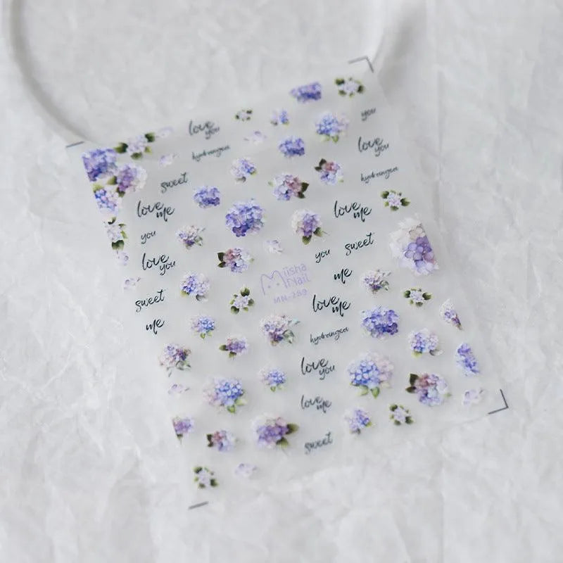 Purple Flower Nail Art Stickers Adhesive Sliders Hydrangea Sticker Decals MN289