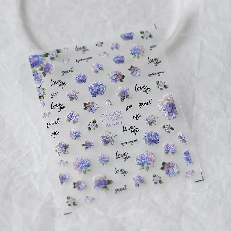 Purple Flower Nail Art Stickers Adhesive Sliders Hydrangea Sticker Decals MN290F_embossed