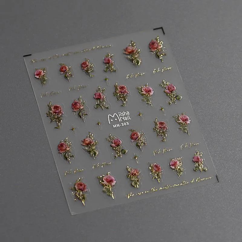 Rose Nail Art Stickers Metal Style Rose Flower Adhesive Embossed Sticker Decals MN303 gold