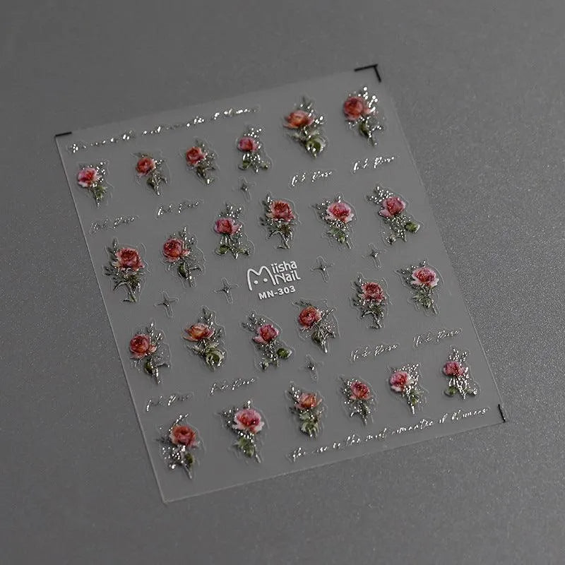 Rose Nail Art Stickers Metal Style Rose Flower Adhesive Embossed Sticker Decals MN303 silver