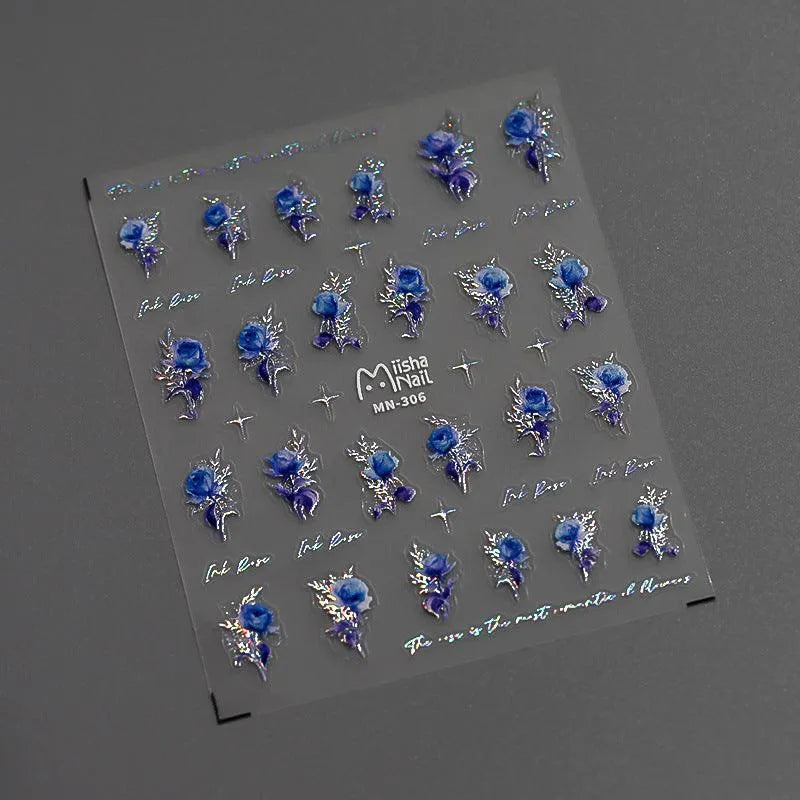 Rose Nail Art Stickers Metal Style Rose Flower Adhesive Embossed Sticker Decals MN306 laser