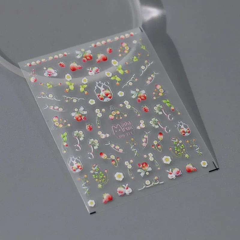 Strawberry Nail Art Stickers Adhesive Slider 3D Strawberry Flower Sticker Decals MN311