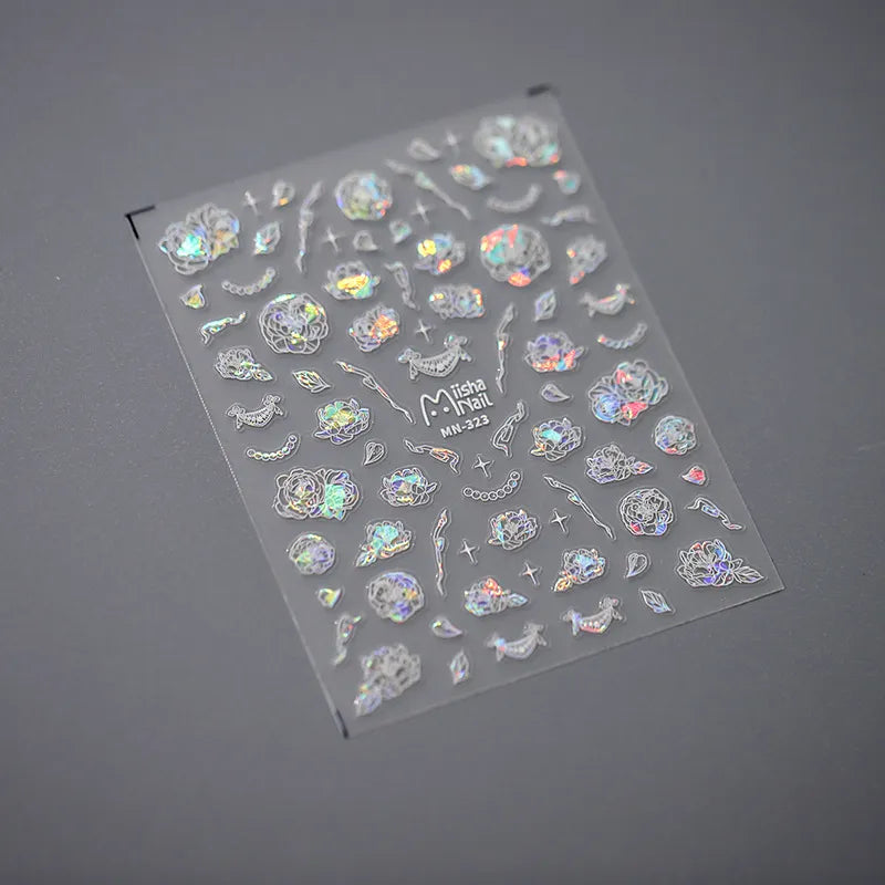 3D White Flower Tail Nail Stickers – Ultra-Thin Aurora Light Nail Art Decals 