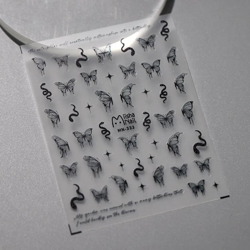 White Butterfly Nail Art Stickers Adhesive Slider Snake Sticker Decals MN333