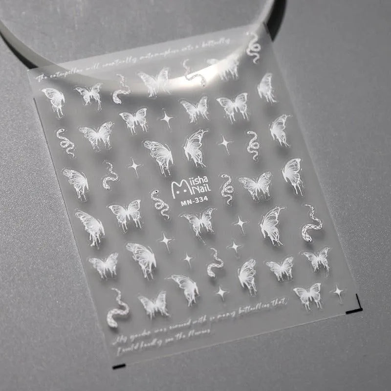 White Butterfly Nail Art Stickers Adhesive Slider Snake Sticker Decals MN334