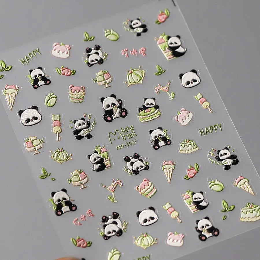 Panda Nail Art Stickers 3D Adhesive Slider Sticker Decals MN363F embossed