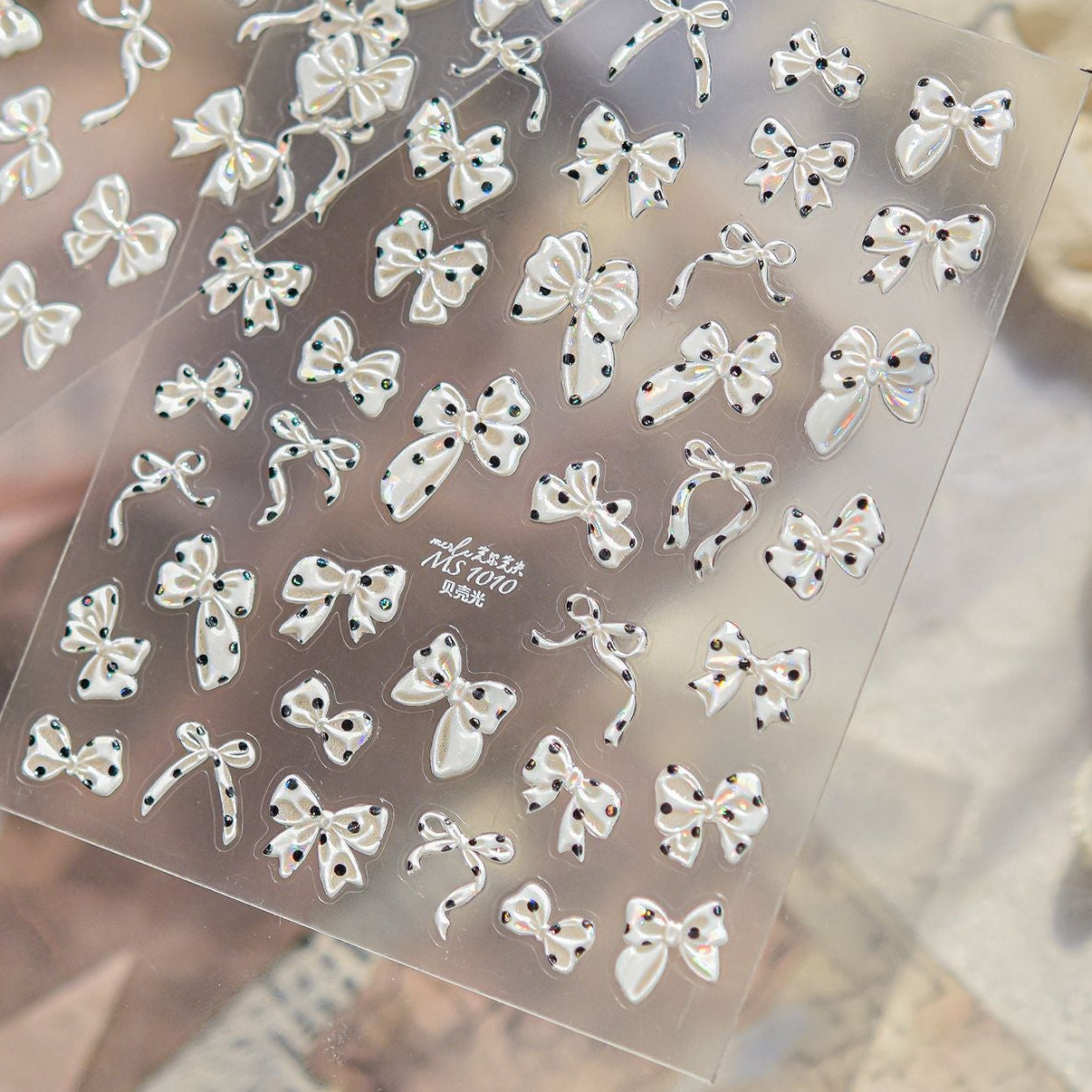 5D Polka Dots Bow Nail Stickers - Shell Light Coquette Pearl Ribbon Decals