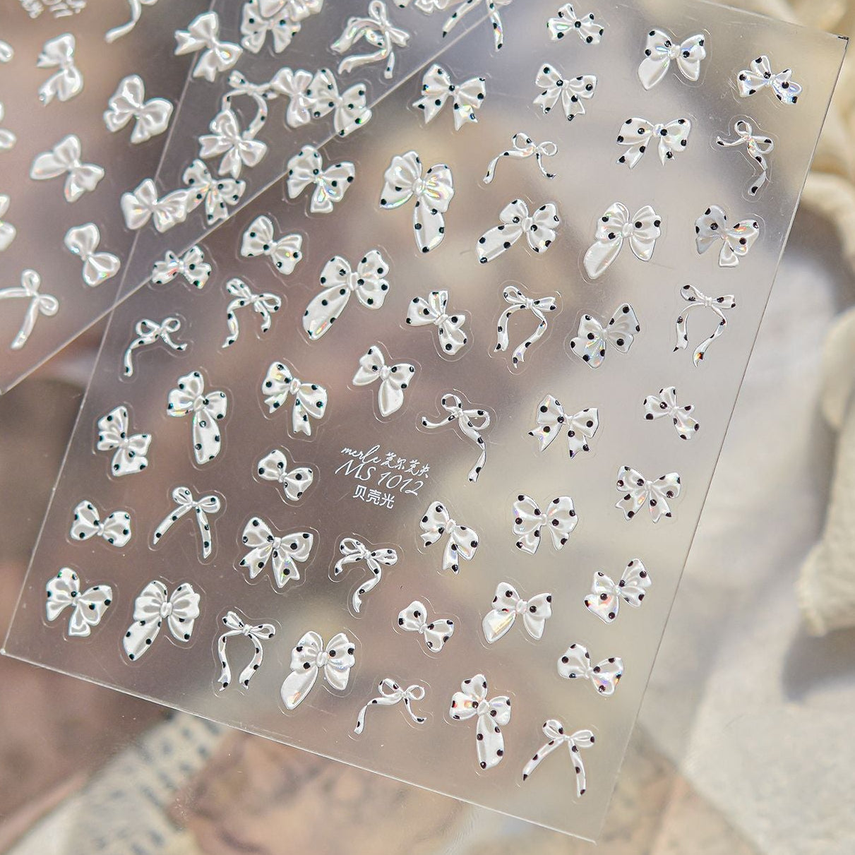 5D Polka Dots Bow Nail Stickers - Shell Light Coquette Pearl Ribbon Decals